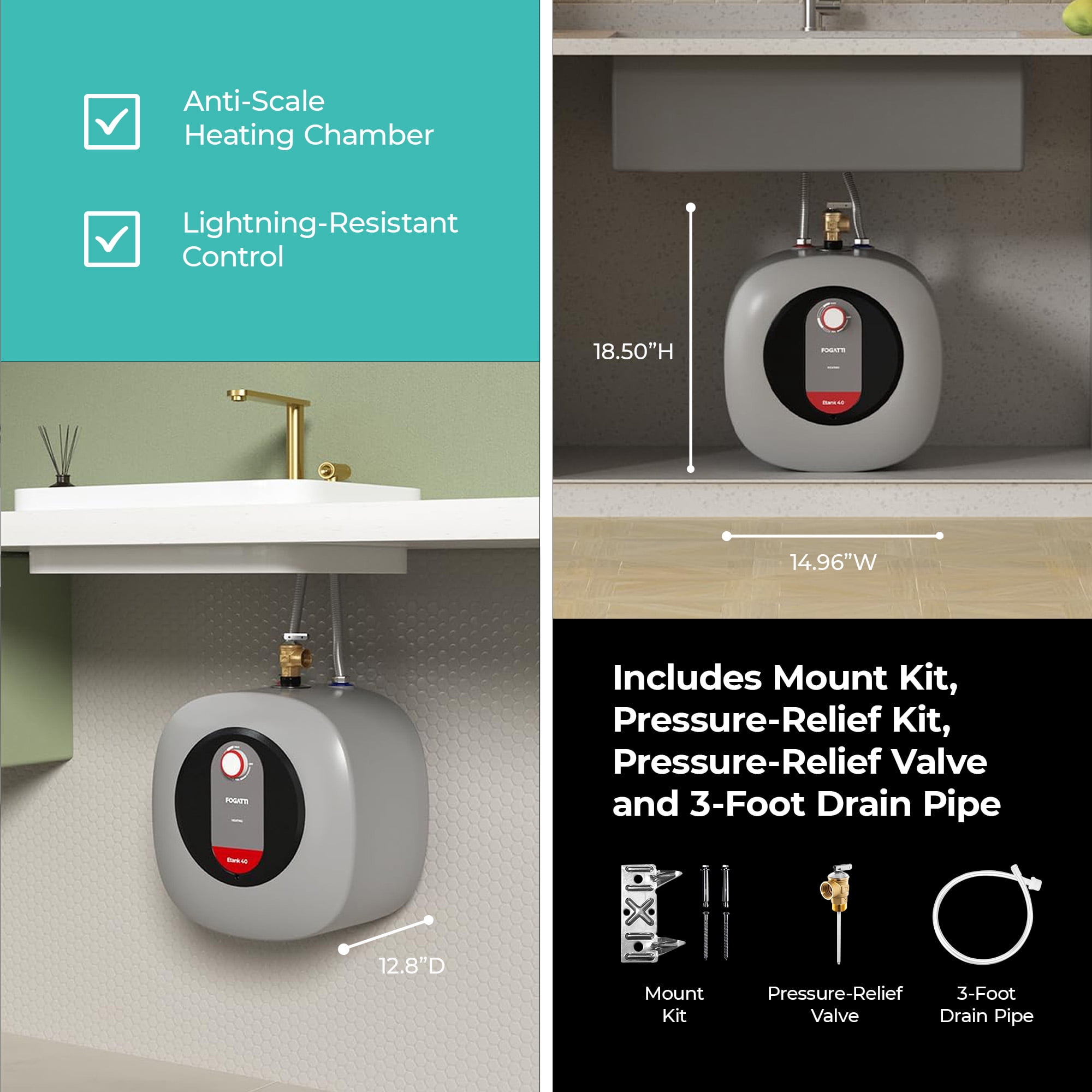 Fogatti 4 Gal 1440W Electric Mini Tank  Water Heater, Wall/Floor Mount