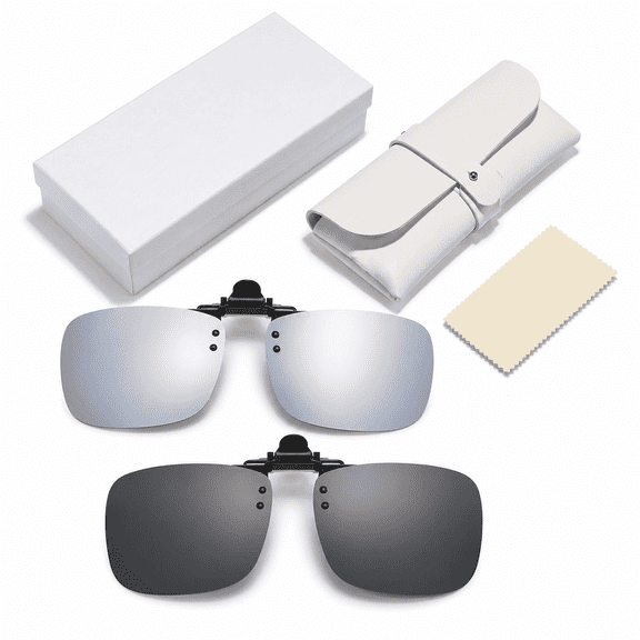 CNDRLEF 2 Pairs Polarized Clip-On Sunglasses, Flip-Up UV400 Anti-Glare TAC Lenses for Prescription Glasses, Dark Gray & Silver Mirror