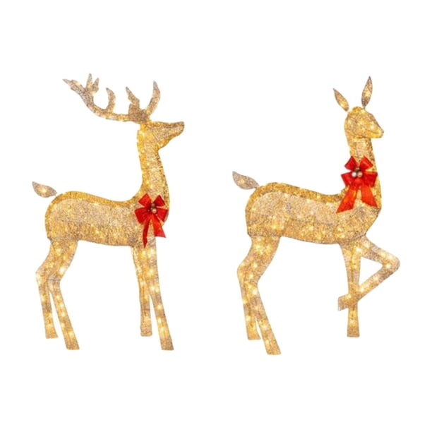 2 adornos navideños de reno iluminados para exteriores con lazos rojos para decoración del hogar LM