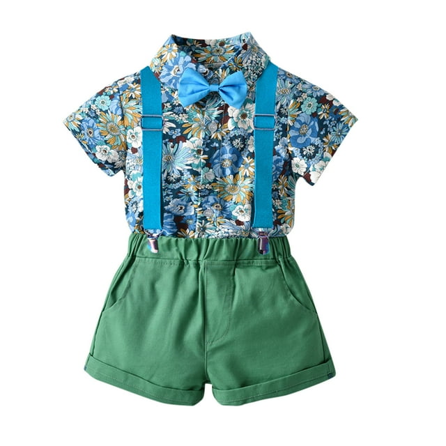EGNMCR Ensemble à Manches Courtes Col à Revers pour Bébé Garçon Mode Blouse à Manches Courtes Fleur Rétro Salopette Costume de Gentleman pour Enfants