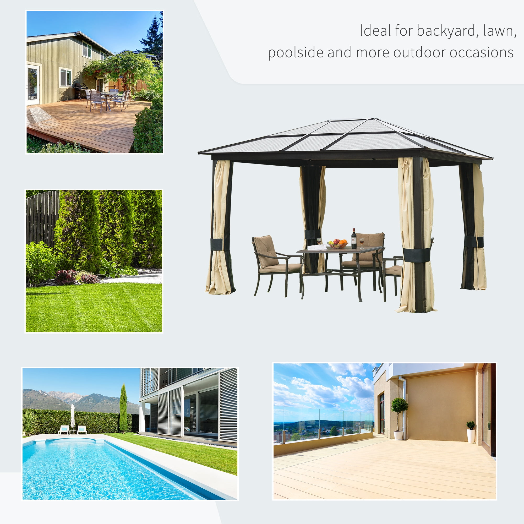 Outsunny 10' x 12' Hardtop Gazebo Canopy with Polycarbonate Roof, Aluminum Frame, Permanent Pavilion Outdoor Gazebo with Netting, for Patio, Garden, Backyard, Deck, Lawn, Black, Beige