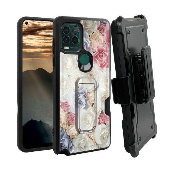 ANJ  Rugged Shockproof Holster Case w/Card Slot, Kickstand   Tempered Glass for Motorola Moto G Stylus 5G - Silky Roses