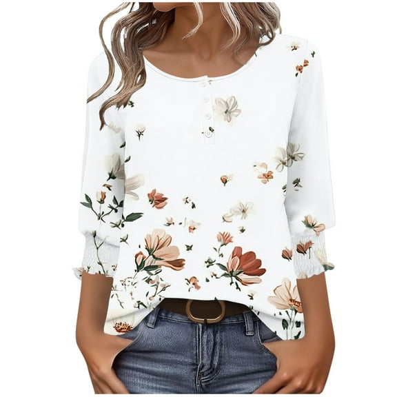 Womens Fall Fashion 2025 3/4 Sleeve With Smocked Cuffs Dressy Print Casual Blouses Outfits Beach Vacation Plus Size Clothes