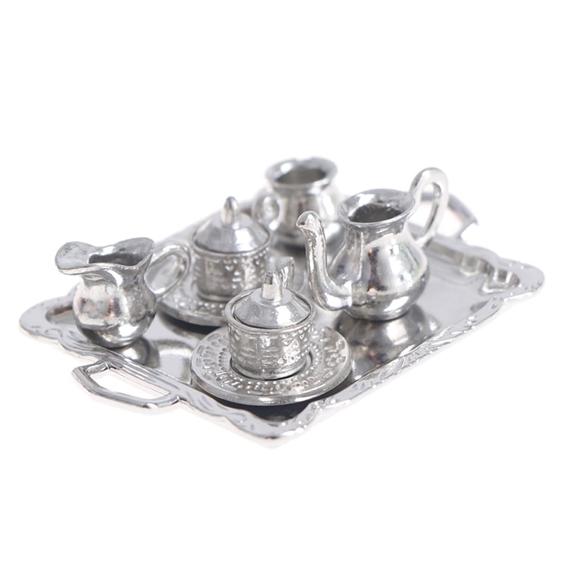 10pcs plata metal té tapa pot Cups tray set 1:12 Dollhouse miniaturas 