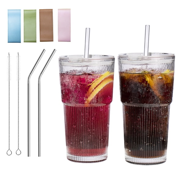 Vertical Striped Glass Mason Drinking Jars with Lid, Straw, and Brush, 2-Pack