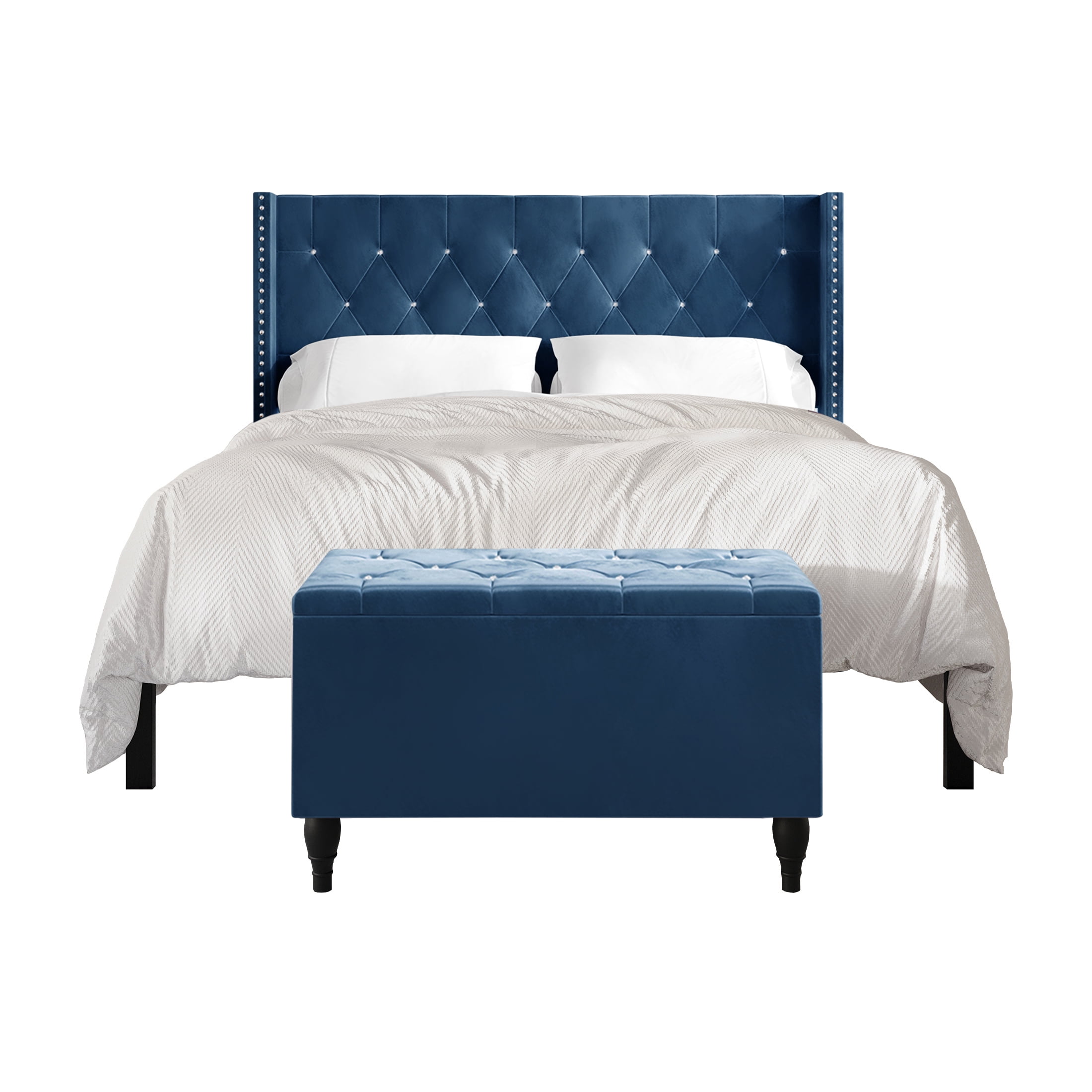 Castle Place Button Tufted Wingback Velvet Upholstered Bed with Storage Bench, Navy Blue, Full