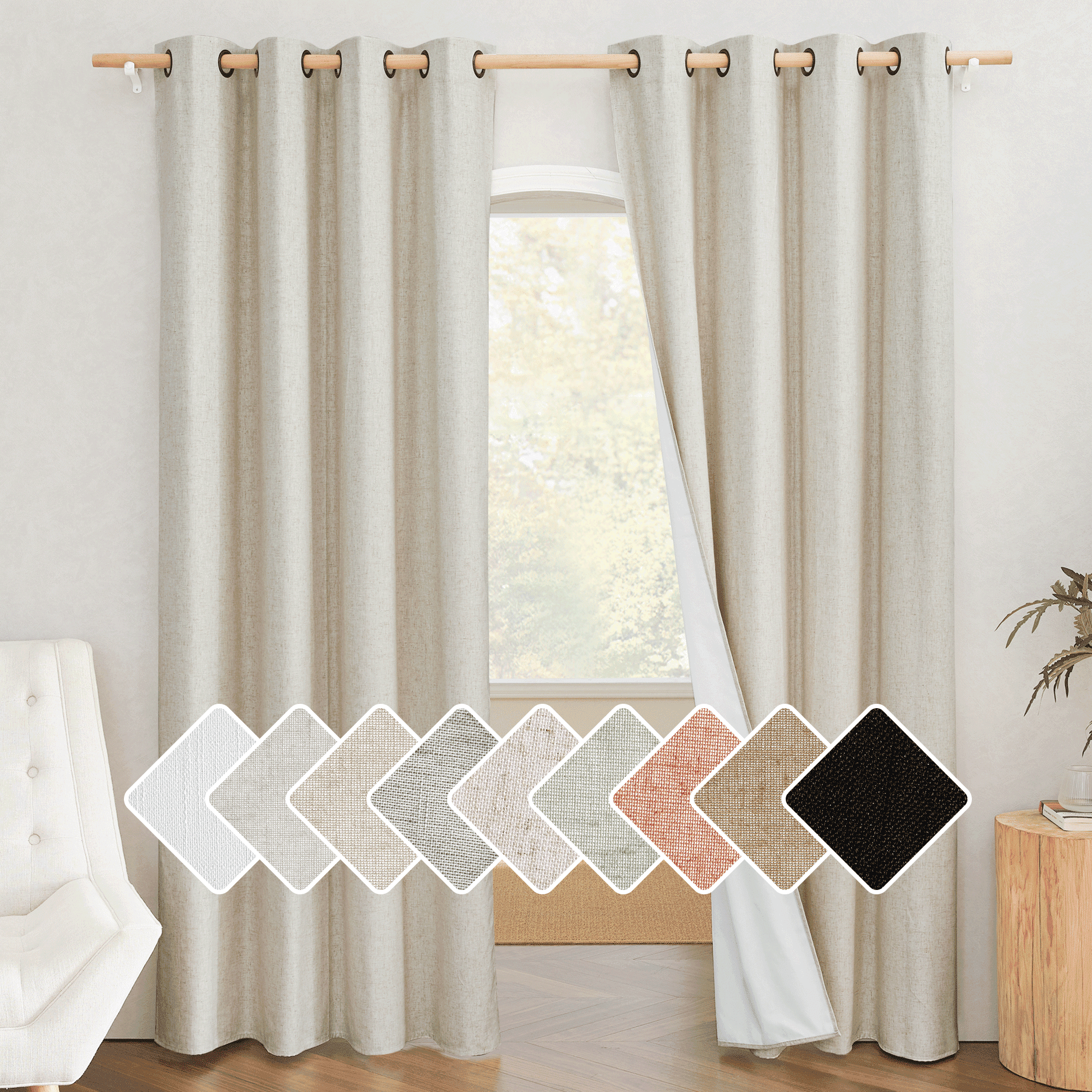 NICETOWN Natural Textured Linen 100% Blackout Curtains for Living Room 84 inches Long 52" Wide, 2 Panels, Energy Saving Noise Reduction Window Treatment Curtains with White Liner