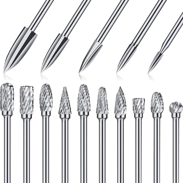 15Pcs Cutting Burrs Bits Set Solid Tungsten Steel Rotary Files Set with 1/8 Inch Shank Sharp Rotary Burr Set Carpenter Tools for Woodworking Engraving Drilling
