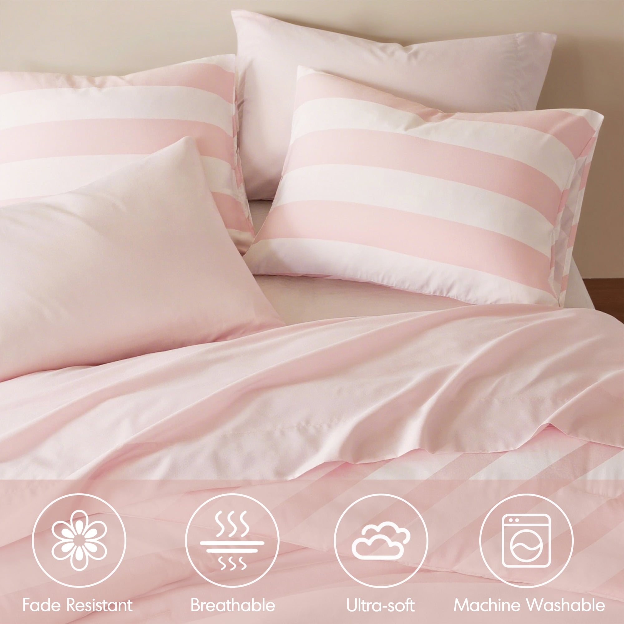 Regency Heights Essential Full/Queen Size Comforter Sets, 3-Piece Bedding Set Full/Queen, Reversible Striped Comforter Bed Set, Blush