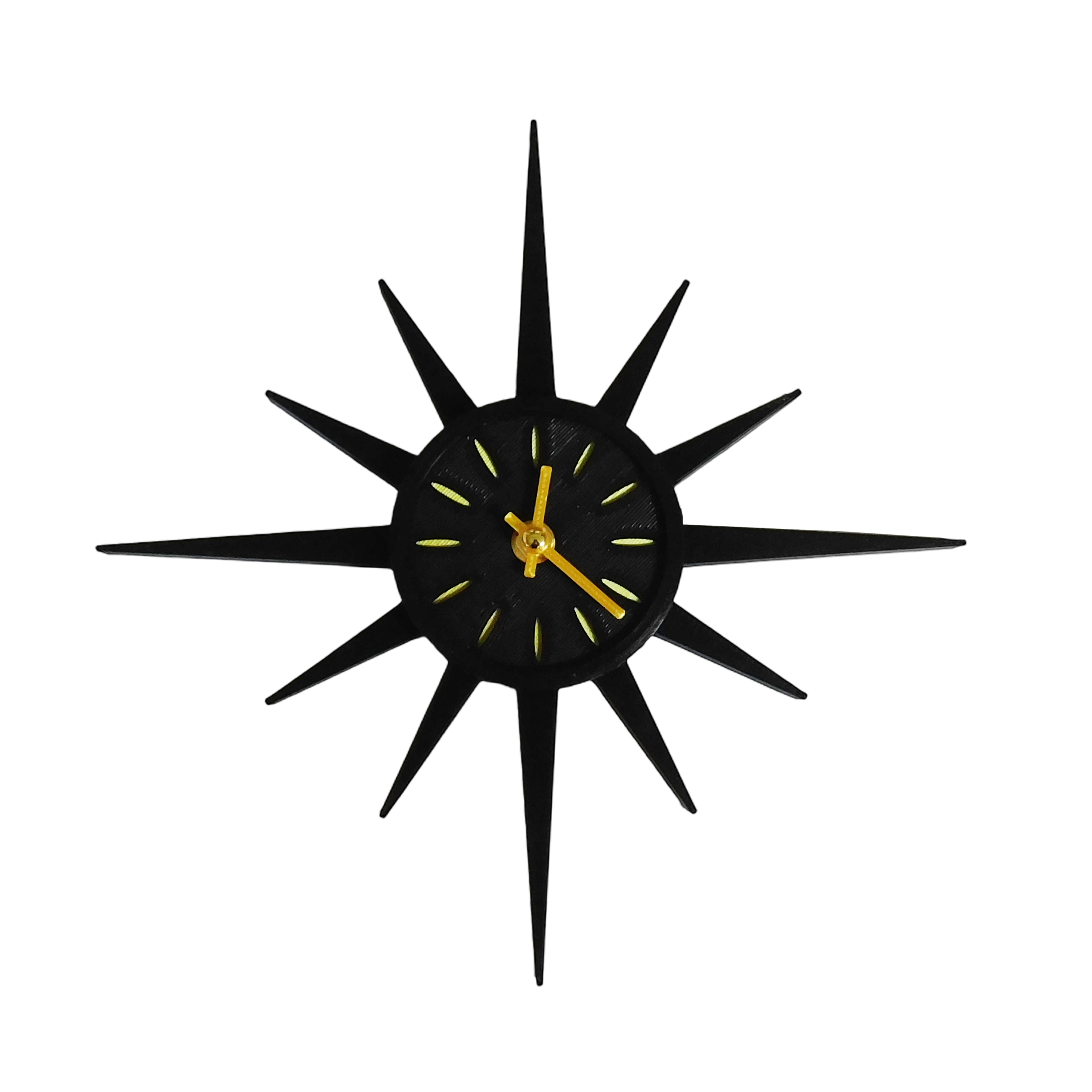 Small Mid Century Modern Sunburst Wall Clock – Atomic Starburst Clock – Retro Wall Decor – 3D Printed Black Clock with Gold Hands