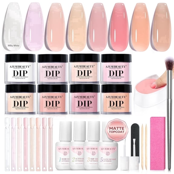 AZUREBEAUTY 8 Color Dip Powder Nail Kit, Jelly Translucent Milky White Sheer Pink Nude Neutral Clear Shades, Dipping Liquid Set with Matte Top Coat & Nail Sticks for French Nail Art Manicure