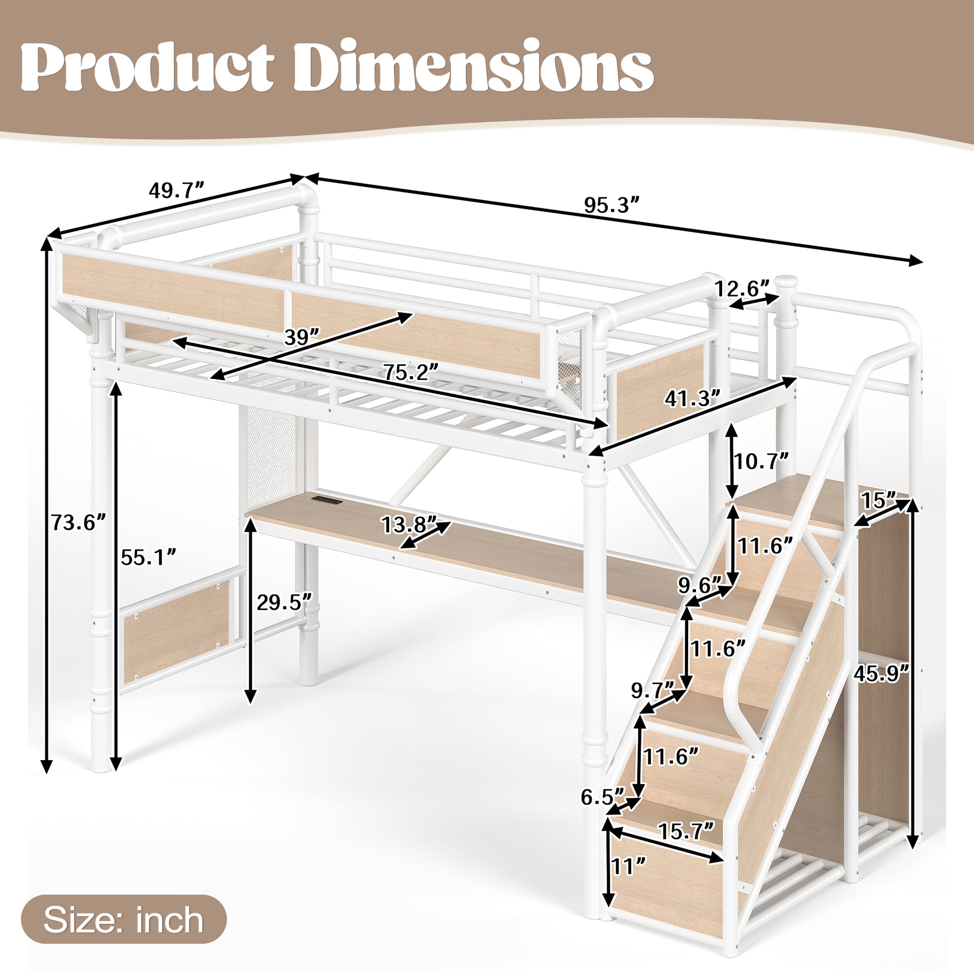 Leumius Twin Size Metal Loft Bed with Built-in Desk & Power Outlet, LED Strip, Industrial Metal Loft Bed Frame with Pegboard & Mesh Storage Baskets, Storage Stairs with Wardrobe, White