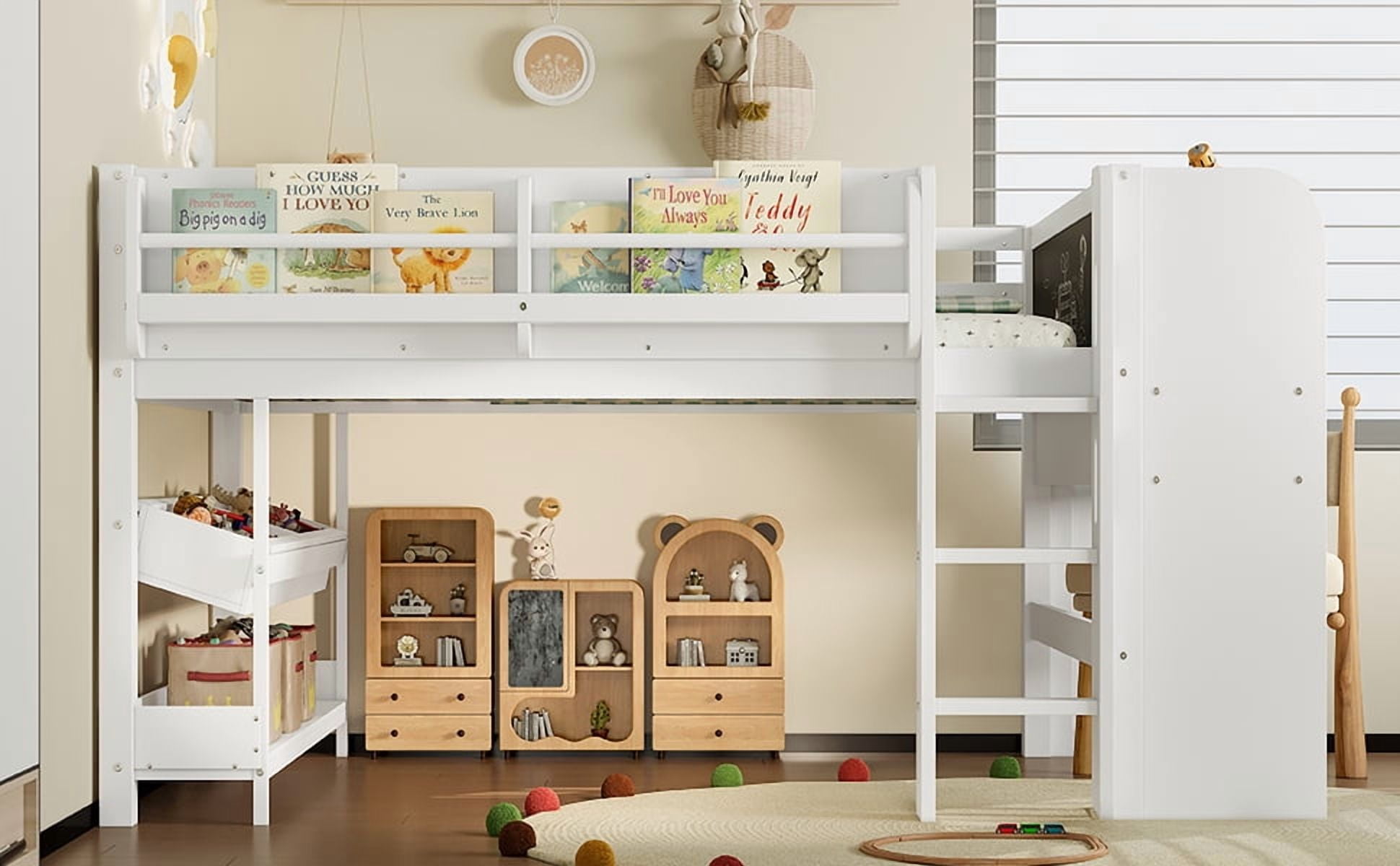 Mintazer Full Low Loft Bed with Desk & Blackboard, Kids Loft Bed with Storage Drawers, No Spring Box Needed, White
