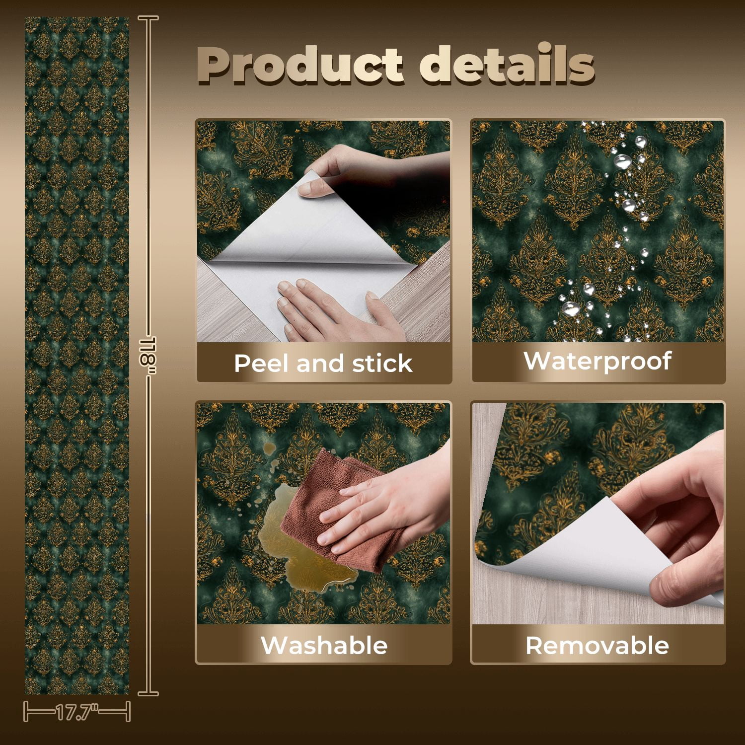 Peel and Stick Wallpaper Baroque Elegant Vintage Gold Floral Damask Dark Green Wall Mural 17.7in x 9.8ft Self Adhesive Removable Wall Paper Renter Friendly Wallpaper for Nursery Bedroom Cabinets