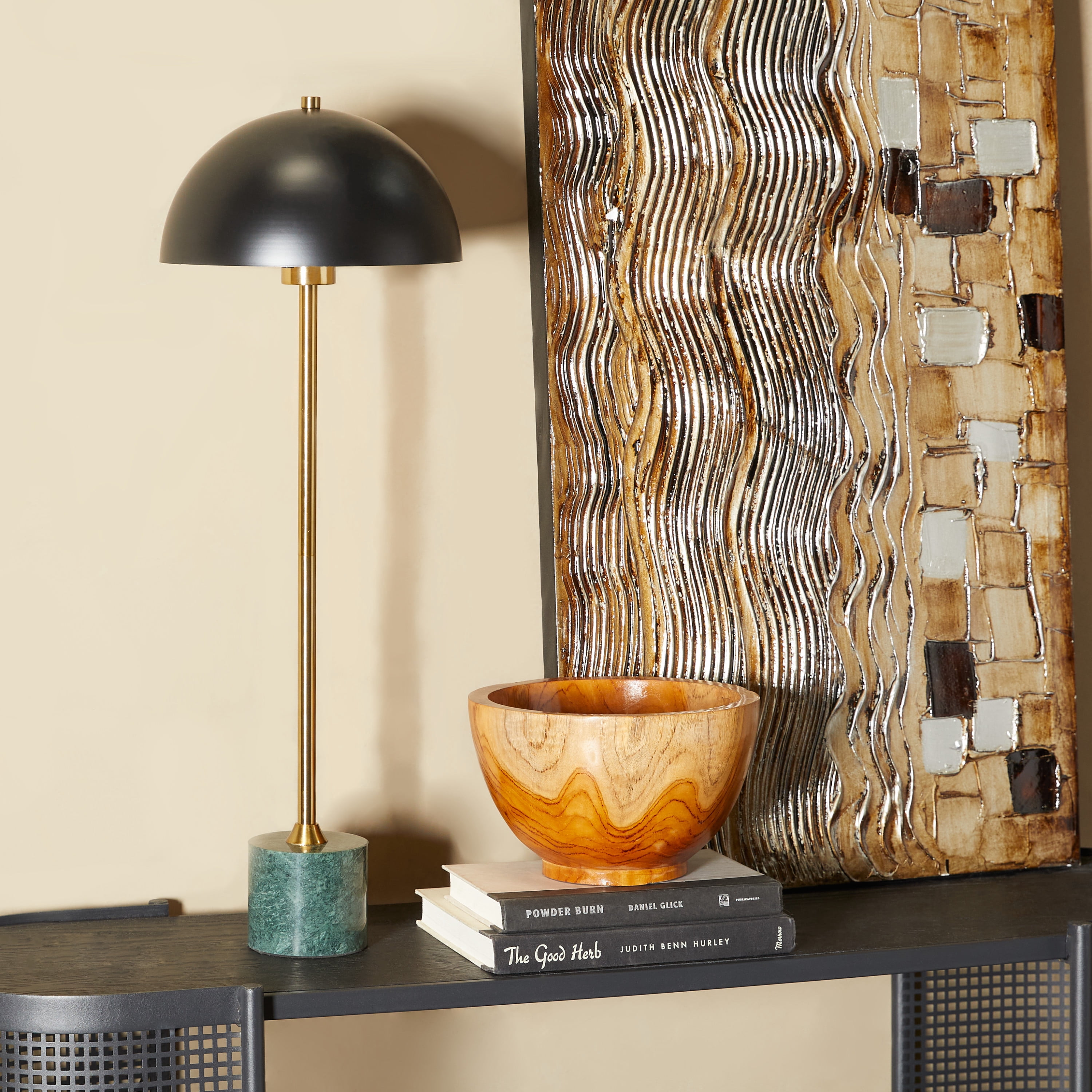DecMode Contemporary Metal Dome Shaped Table Lamp, 10"W x 28"H with Black/Gold Metallic Finish