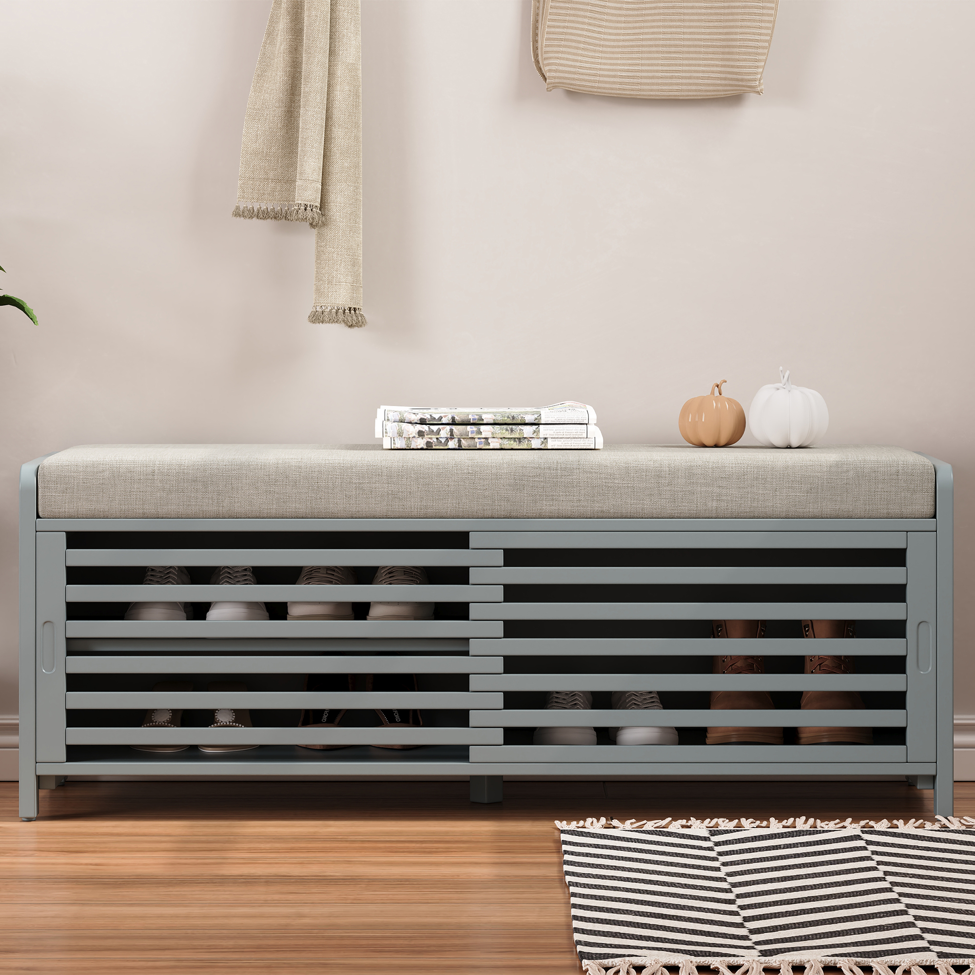 Euroco Shoe Bench with Storage and Cushion, Distressed Shutter Storage Bench with Retro Charm for Living Room, Entryway (Grey)