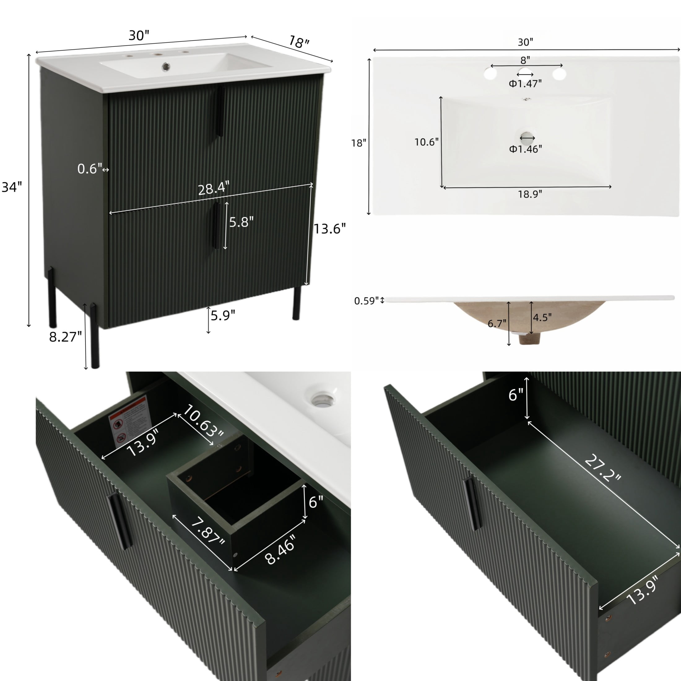 Christopher Knight Home 30" Green Bathroom Vanity with Ceramic Sink, Soft Close Drawers, Black Metal Legs