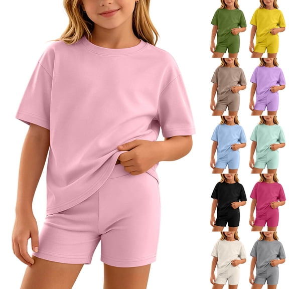 WAVSUF Girls Outfit Sets 2 Piece, Short Sleeve T-Shirt and Elastic Waist Leggings Summer Trendy Sports Clothes Pink 8