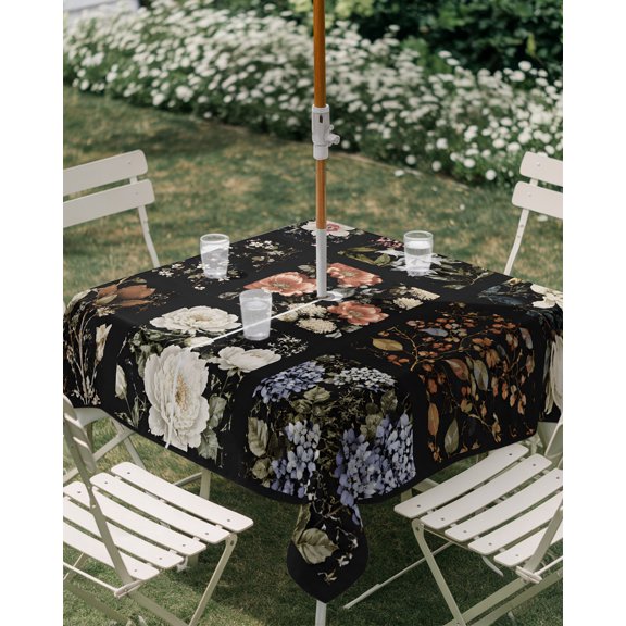 Outdoor Tablecloth with Umbrella Hole, Colorful Flower Classic Floral Zippered Table Cloth for Rectangle Tables, Black Plaid Washable Waterproof Tablecloths for Picnic Patio Garden