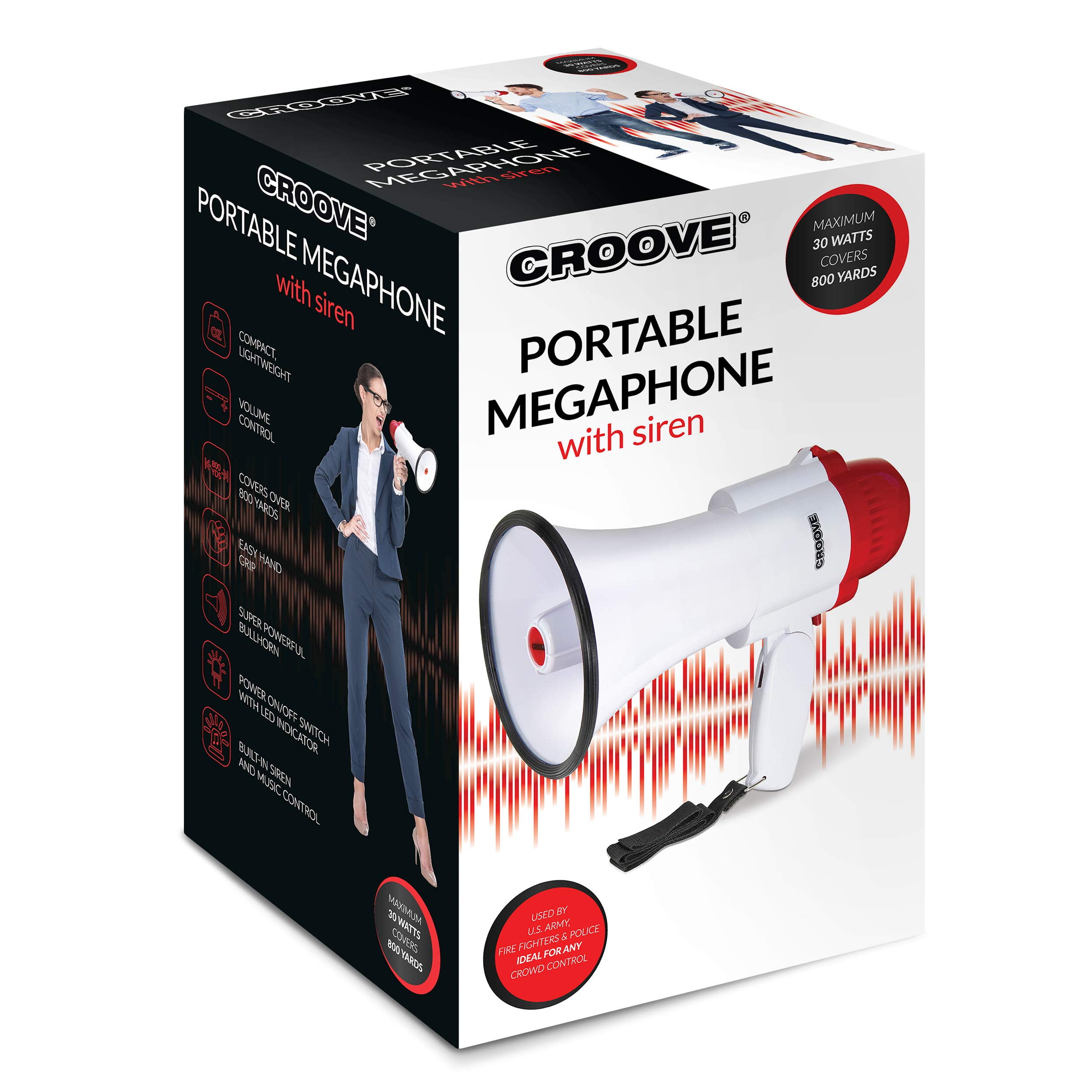 Croove Megaphone Bullhorn - Bull Horn Loud Speaker with Siren for Kids and  Adults - 30 Watt Lightweight - 800 Yard Range - Loud Speaker, Air Horns 