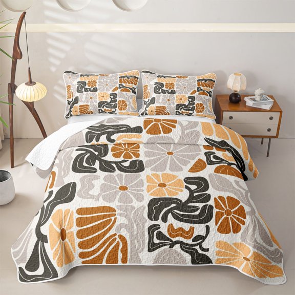 Homewish Gray Brown Boho Twin Quilt Set,Vintage Daisy Floral Twin Coverlet Set,2 Pieces
