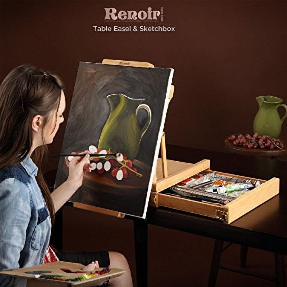 Creative Mark Renoir Large Table Top Art Easel & Sketchbox - Portable LightWeight Art Easel with Metal Lined Storage Drawer with Dividers for Painting - Natural Beechwood Finish - Ideal For Artist