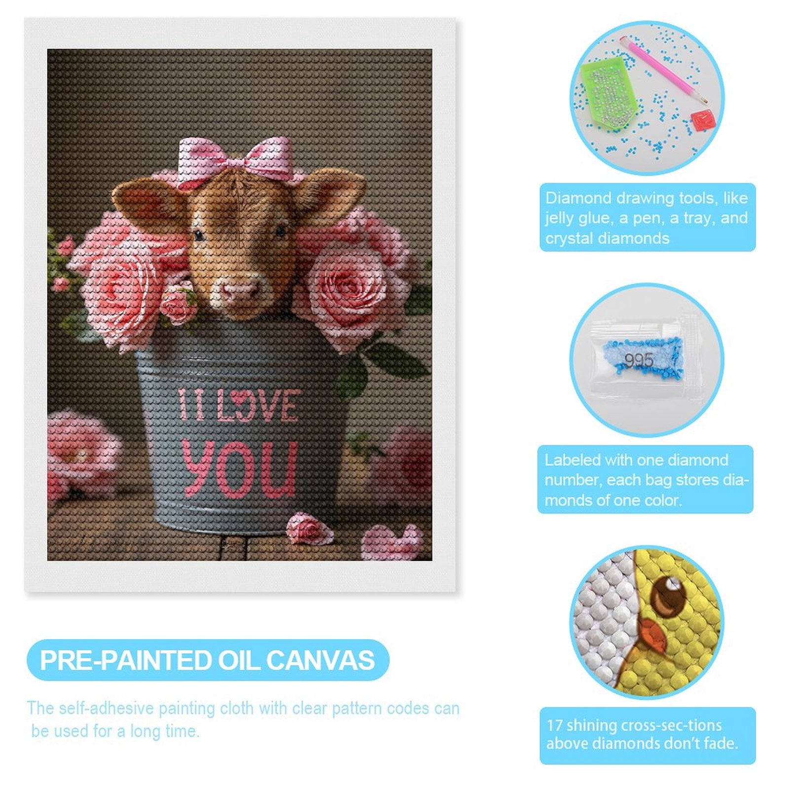 Diamond Art Kits for Adults, Cow Pink Roses Bucket Love 5D Diamond Painting Kits for Adults Beginners, DIY Full Drill Diamond Painting, Gem Art and Crafts 12x16