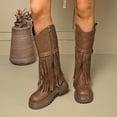 thumbnail image 2 of Chunky Lug Sole Riding Boots for Women Round Toe Tassel Studded Mid Calf Buckle Strappy Zipper Booties, 2 of 8