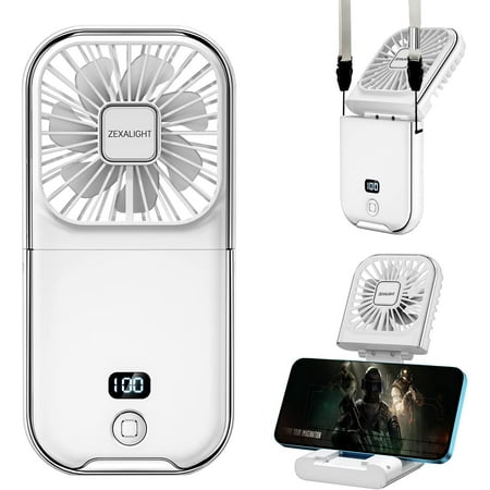 

Upgraded 5-in-1 Portable Handheld Fan Necklace Fan Mini Desk Fan Foldable Phone Stand Emergency Backup Power Quiet USB Rechargeable Personal Fans with LED Digital Screen (White)