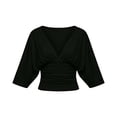 thumbnail image 6 of VBVC Women's Ruched V-Neck Batwing Sleeve Crop Tops , Ladies' Front Gathered Blouses , Casual Fitted Cropped Shirts For Women,Black,S-3XL, 6 of 6