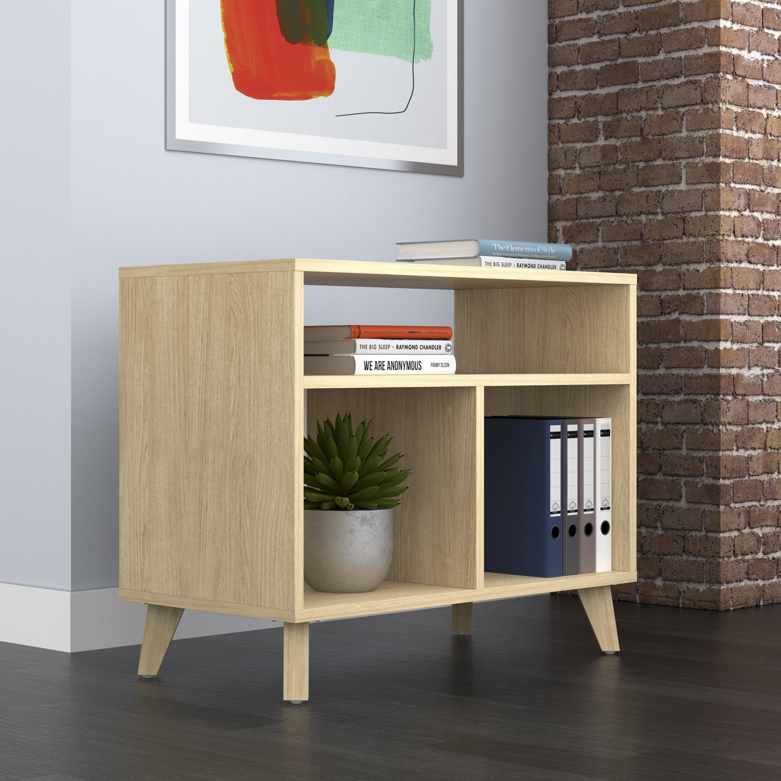 HON Basyx Commercial-Grade Modern Cube Storage Credenza, Real Wood Feet, in Teak (BSXCUBECTT)