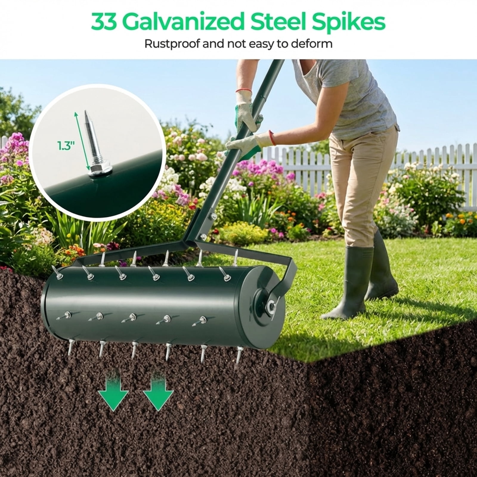 Biotree 18/21 Inch Manual Lawn Aerator with Detachable Handle Filled with Sand or Stone-21 inches Green