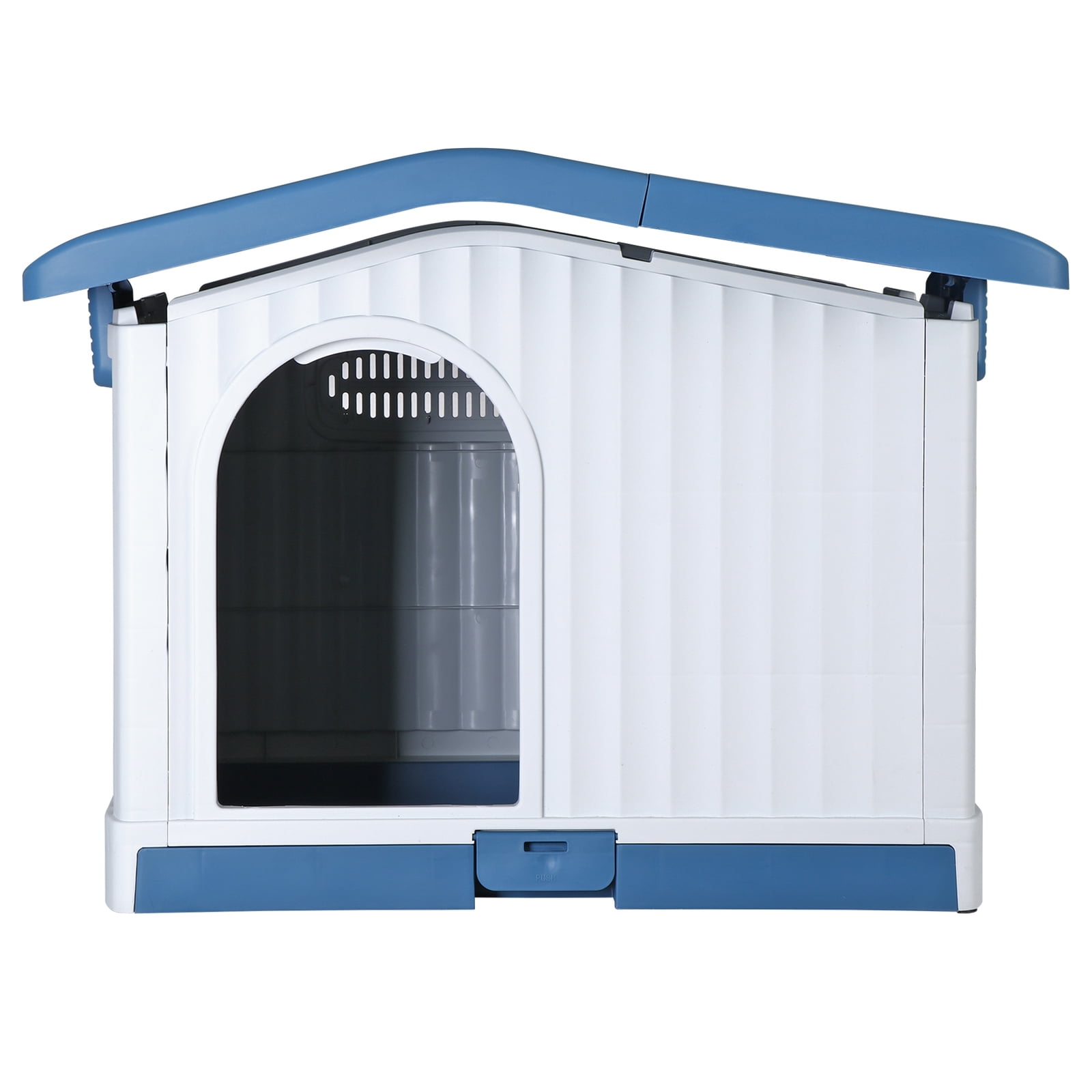 LINJH Plastic Dog House Indoor Outdoor Pet Shelter with Liftable Roof and Bar Window