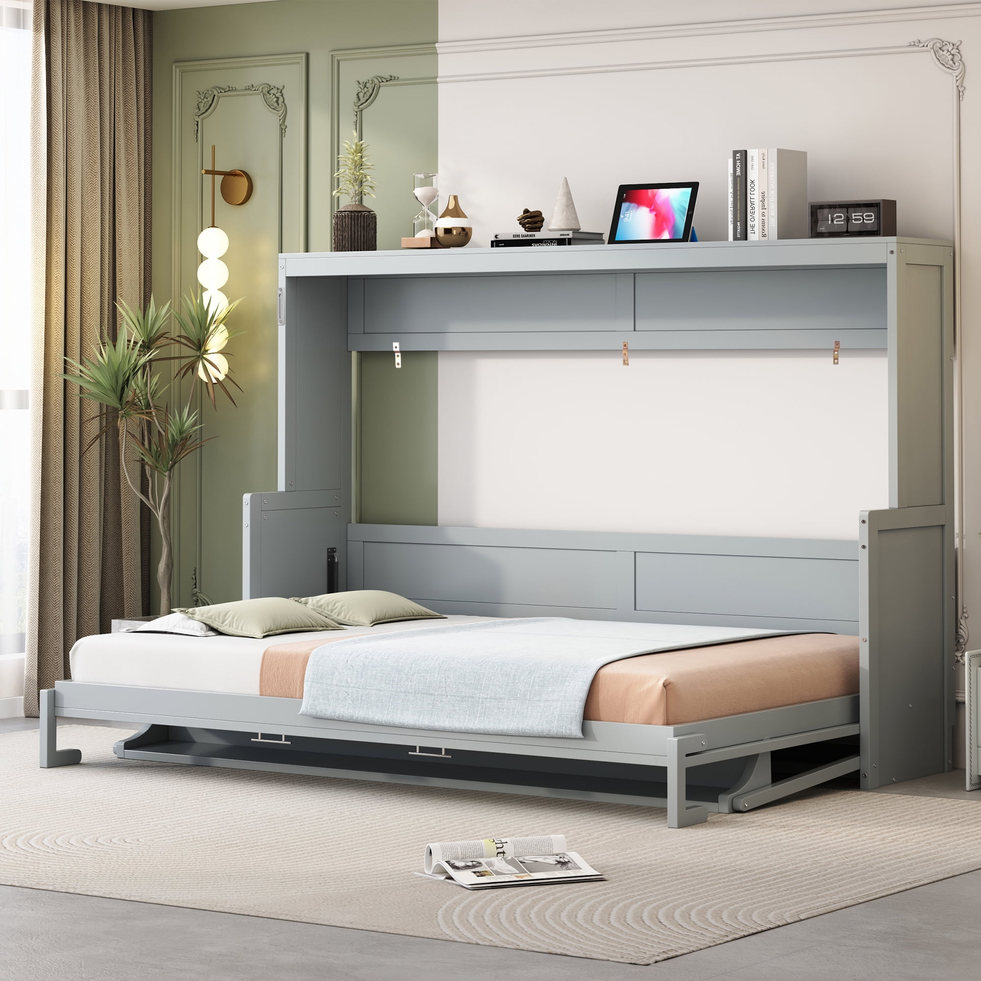 Mintazer Queen Wall Murphy Bed with Desk & Hydraulic Lift, Multifunctional Foldable Desk Bed for Small Spaces Apartments, Gray