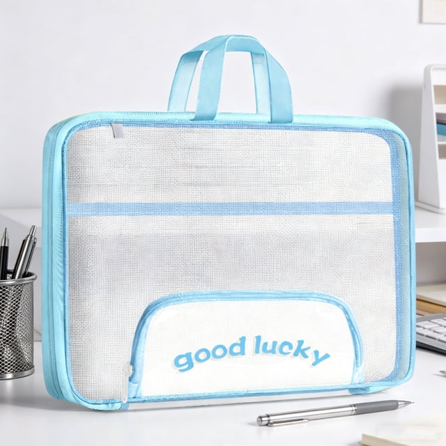 Large Capacity Mesh Zipper File Bag Portable Handheld Document Organizer Transparent Storage Pouch Subject Classification Folder Durable Waterproof Bag For Office School Travel Use