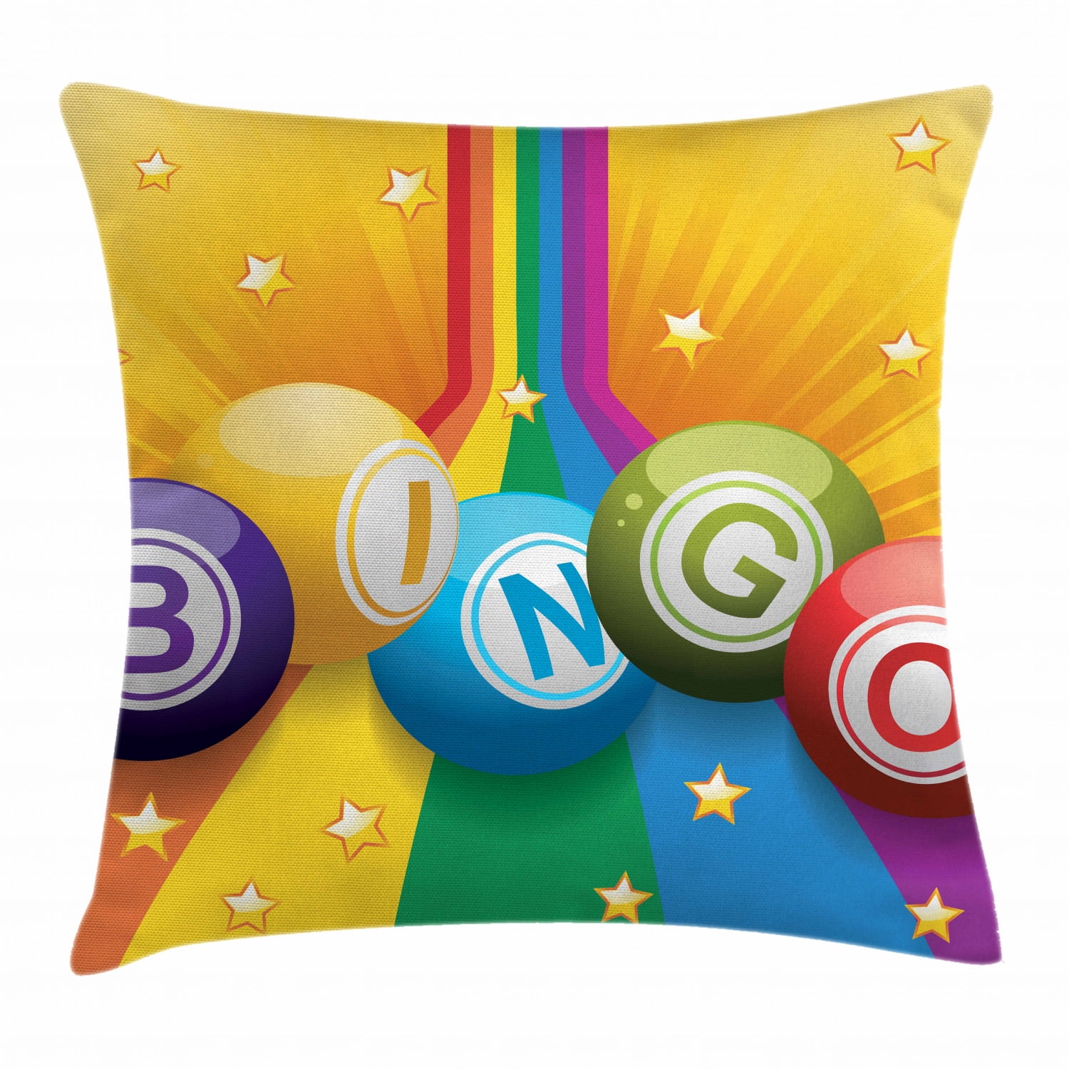 Bingo Throw Pillow Cushion Cover, Colorful Bingo Balls on Rainbow over