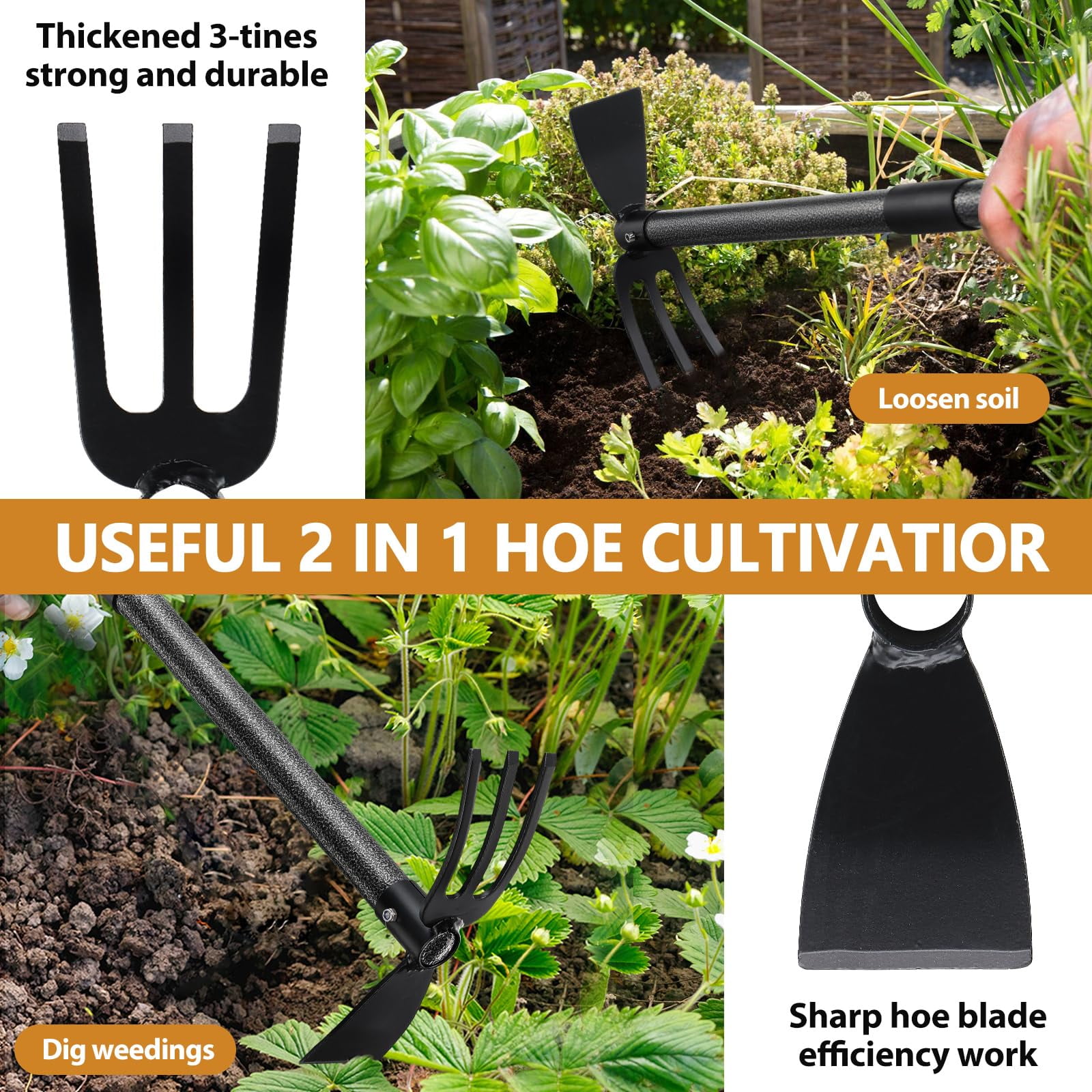 CHEASYOU Garden Hoe Tool, Adjustable Heavy Duty Dual-Head Weeding Tool for Weeding, Tilling, Lawn Yard Flower Bed Gardening Tool