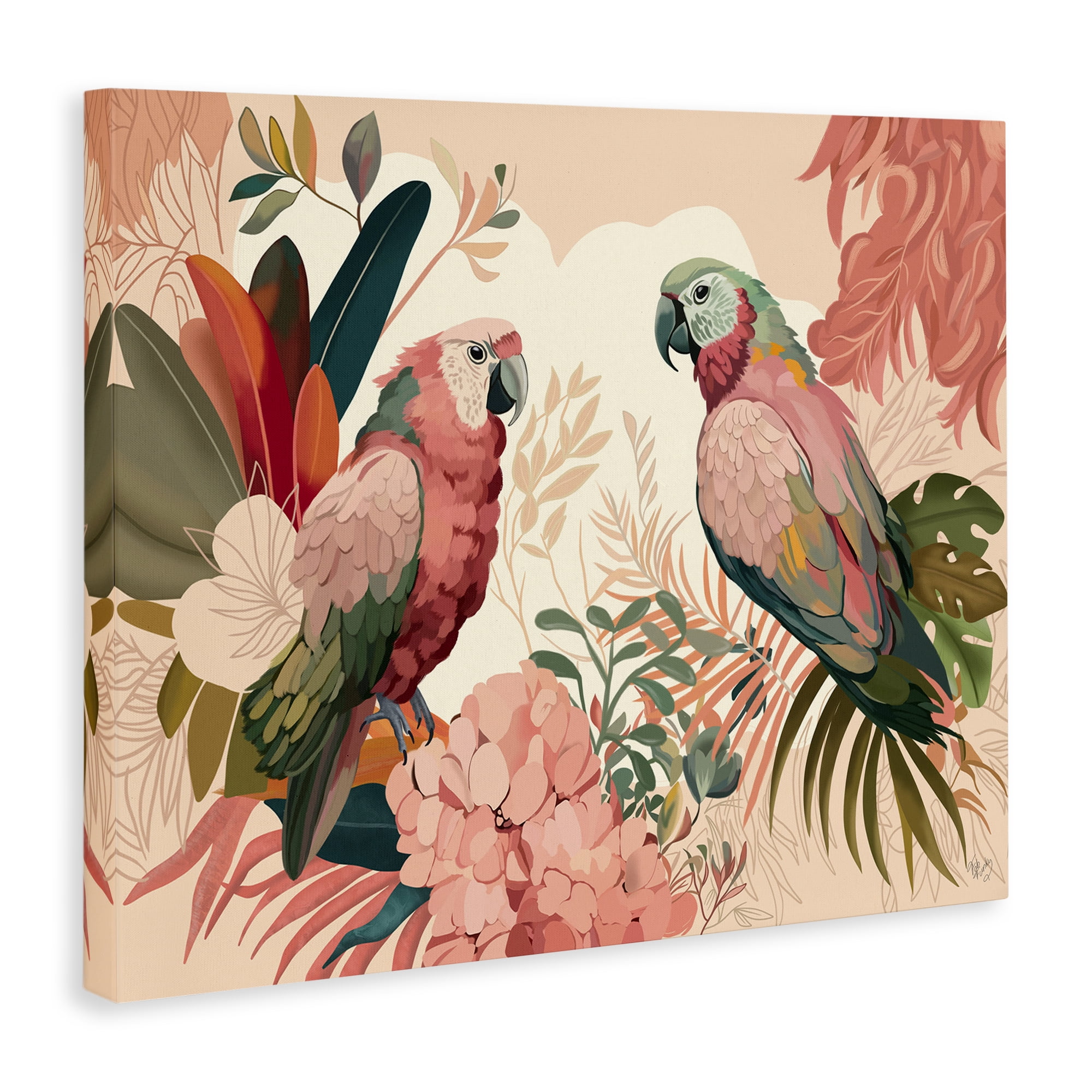 Stupell Industries Pink Parrots & Leaves Animals & Insects Painting Gallery Wrapped Canvas Art Print Wall Art, 48 x 36