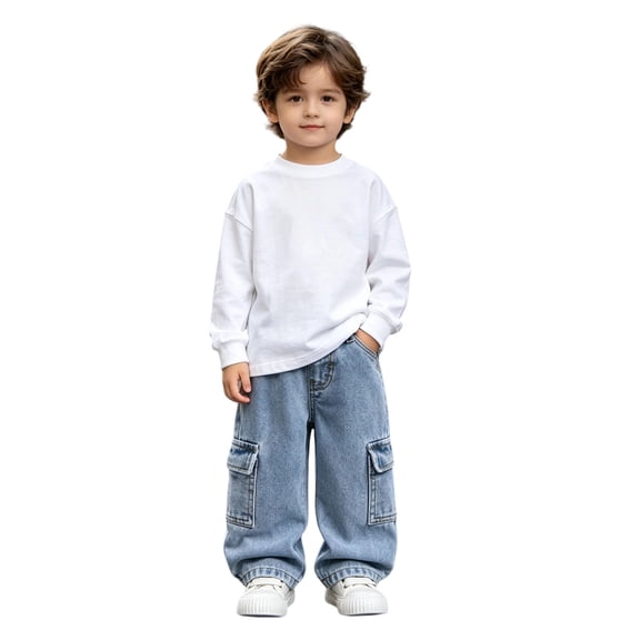 BOOMNY Boys Baggy Jeans Wide Leg Jeans For Boys Trendy Solid Color Elastic Waist Casual Denim Pants With Pocket