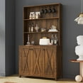thumbnail image 1 of AngLink Large Kitchen Pantry Cabinet, Storage Hutch with Microwave Stand & Wine Rack, Freestanding Kitchen Cupboard Buffet Bar Cabinet with Barn Door & Open Shelves for Home (Walnut), 1 of 16
