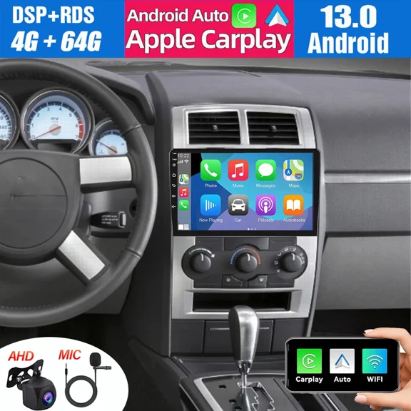 10" Android 15 Car Stereo Compatible for Dodge Charger 2008-2010, 4 64GB, Wireless CarPlay & Android Auto, Built-in GPS Navigation, AHD Backup Camera, BT/WiFi/SWC/Split Screen