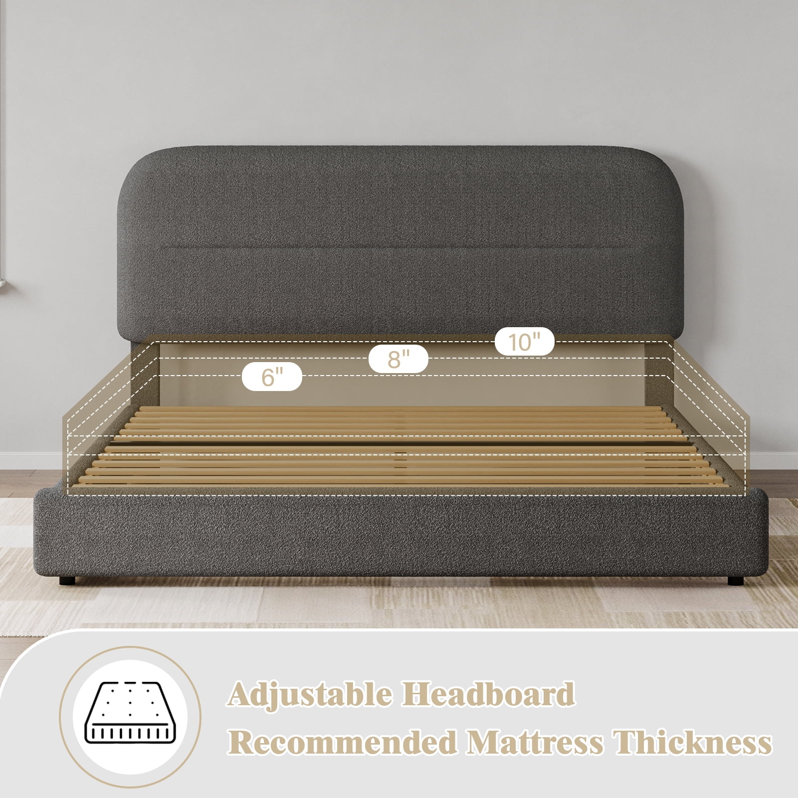 4 EVER WINNER Queen Bed Frame with Headboard, Boucle Upholstered Platform Bed Frame wiith Rounded Corner, Soft Cloud Bed Frame, No Box Spring Needed, Gray