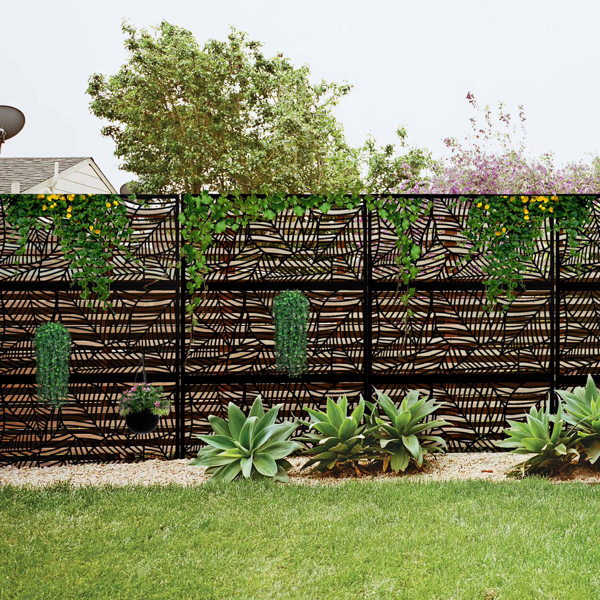 MAYEERTY 72×47" Outdoor Black Metal Privacy Panel Screen for Backyard & Garden, Leaf Pattern