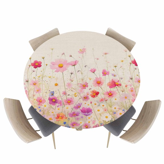 Fitted Round Tablecloths Table Covers 55-60in,Watercolor Farm Blossom Flower Waterproof Elastic Edged Table Cloth for Kitchen Dining Holiday Party Tables Decor,Garden Floral on Linen Burlap