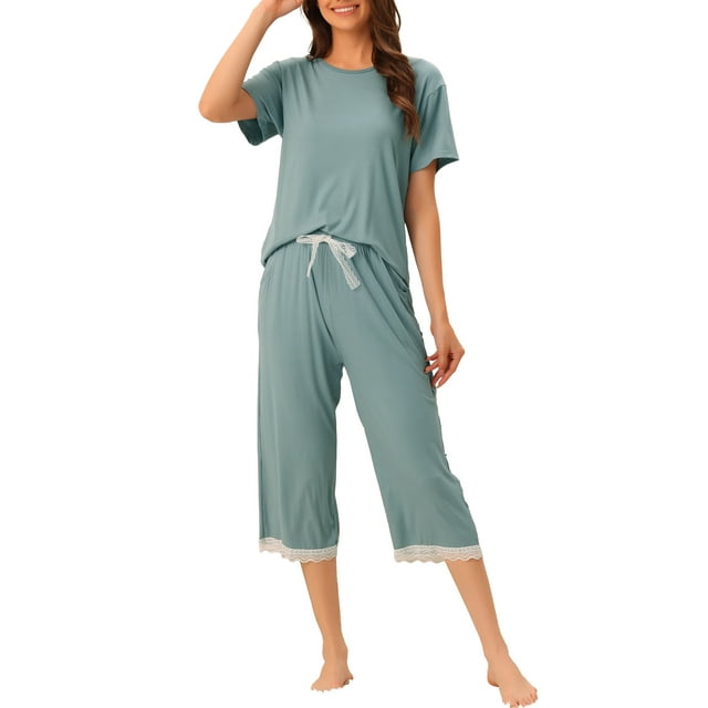 Conjunto de pijama para mujer INSPIRE CHIC, camisetas de manga corta con encaje y pantalones capri de modal, ropa de dormir para primavera y verano, talla M azul