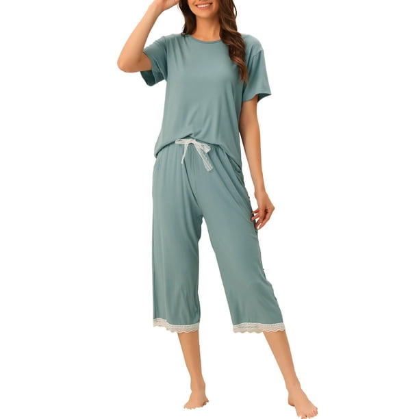 Conjunto de pijama para mujer INSPIRE CHIC, camisetas de manga corta con encaje y pantalones capri de modal, ropa de dormir para primavera y verano, talla M azul