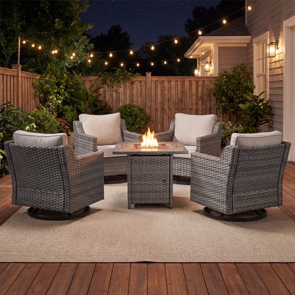 Opohoro 5 Piece Outdoor Rattan Fire Pit Set with Swivel Rocker Chairs and Square Fire Pit Table, All-Weather Wicker Conversation Set for Porch, Deck, Balcony