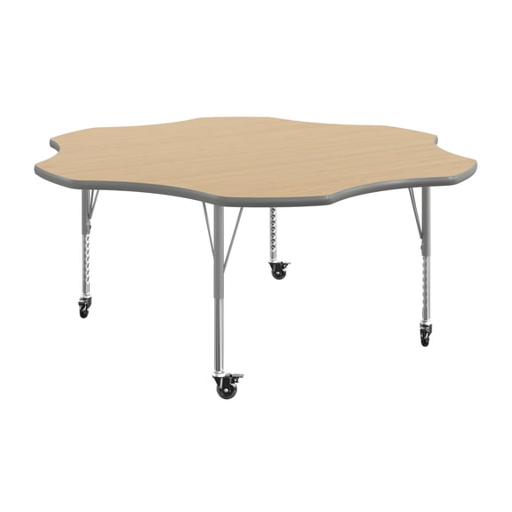 Flash Furniture 60" Flower Adjustable Height Activity Table, Thermal Laminate Top, Short Legs with Locking Casters, Light Natural