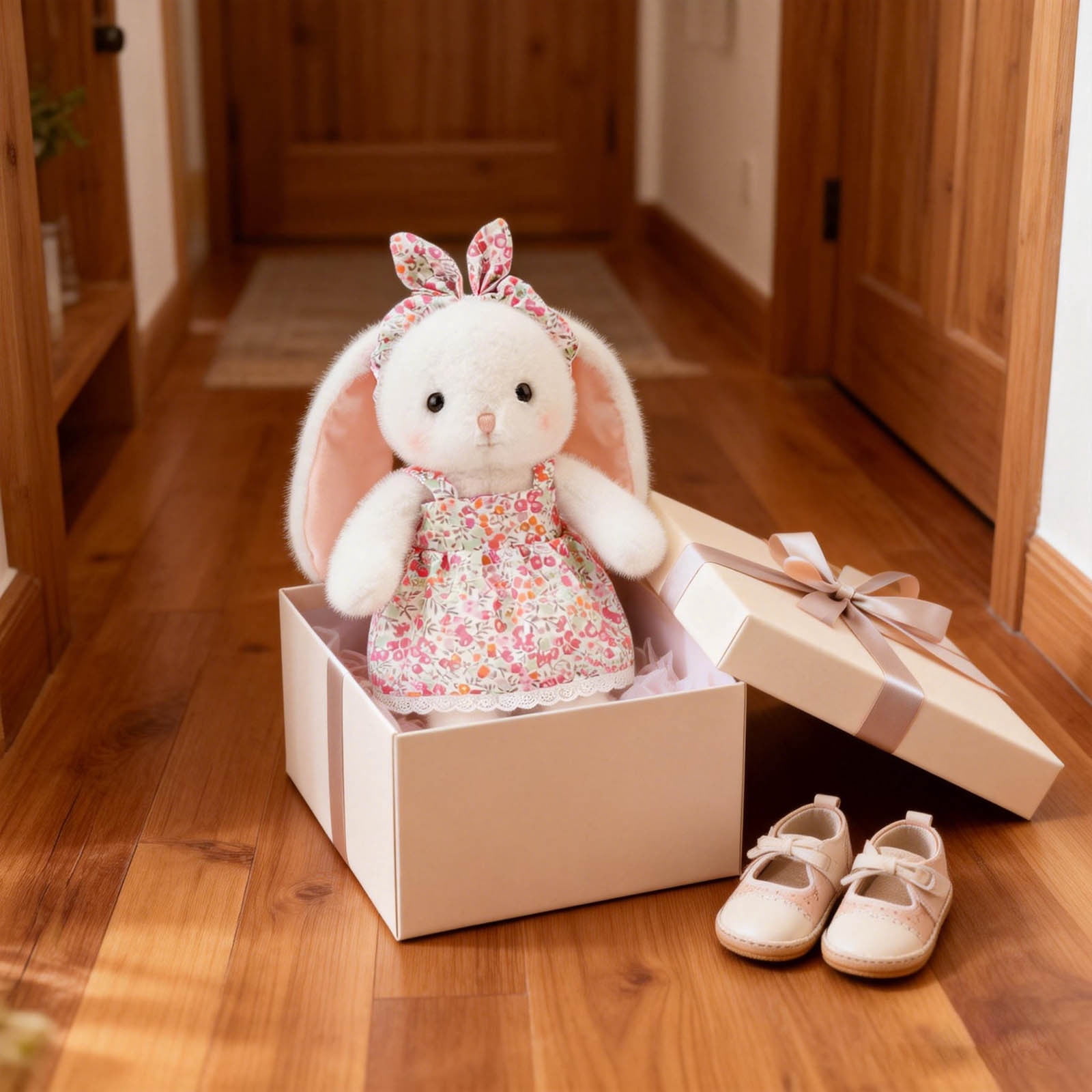 13.8 Inch Cute Floral Bunny Stuffed Animal Soft Washable Plush Toy with Headband & Bows for Easter Birthday Gift for Friends Family White