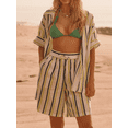 thumbnail image 3 of Elippeo Women's 2 Piece Beach Outfits Short Sleeve Lapel Button Shirt Wide Leg Striped Shorts Sets, 3 of 7